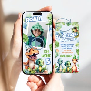 Uitnodiging kinderverjaardag dinosaurus digitaal geanimeerd aanpasbaar | E-Card WhatsApp Dino Boy | Verjaardagsuitnodiging dino foto