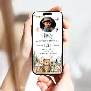 Digital invitation 1st birthday forest animals e-card forest animals photo customizable | e-card WhatsApp | invitation boy girl | fox deer