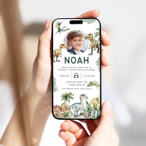 Uitnodiging kinderverjaardag digitale dinosaurus e-card dino's foto personaliseerbaar | E-Card WhatsApp geanimeerd | Uitnodiging jongen meisje