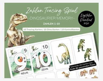 Dino Zahlen Tracing Memory Spiel Download | Zahlen 1-10 | Frühförderung Schwungübung PDF Download | Vorschule Zahlen Tracing zum Ausdrucken