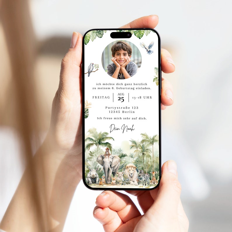 E-Card Safari Junge Einladung Kindergeburtstag digital Safari Foto personalisierbar E-Card WhatsApp Dschungel Einladung Junge animiert Video Einladung Löwe, Elefant, Nashorn, Zebra, Affe