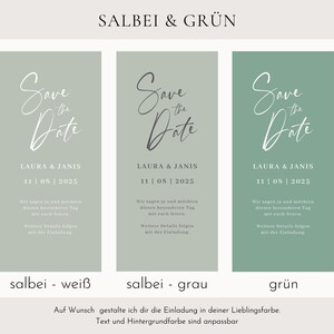May include: Three wedding announcement cards in sage green, gray, and green. Each card features the text "Save the Date" in elegant script, along with the names "LAURA & JANIS" and the date "11 | 08 | 2025". The cards are a simple and elegant design.