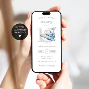 Invitation numérique 1er anniversaire ours en peluche et baleine maritime e-card avec et sans numéro de photo personnalisable | Invitation WhatsApp par carte électronique pour garçon