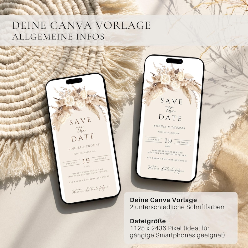 Digital save the date card beige boho pampas | Save the Date template Canva | Canva template floral save the date card wedding digital image 6