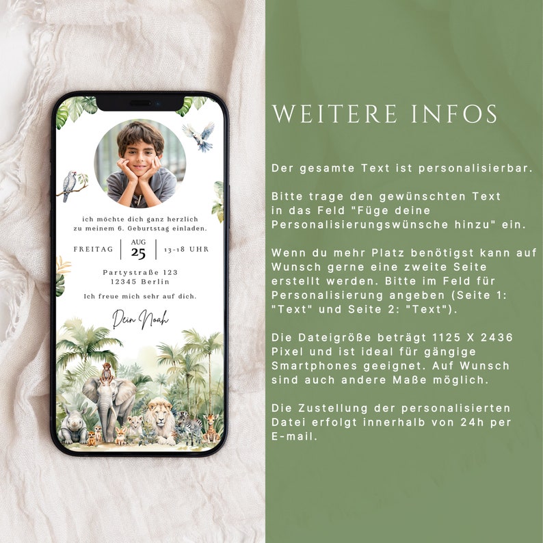 E-Card Safari Foto Einladung Kindergeburtstag digital Safari Foto personalisierbar E-Card WhatsApp Dschungel Einladung Junge Mädchen animiert Video Einladung Löwe, Elefant, Nashorn, Zebra, Affe