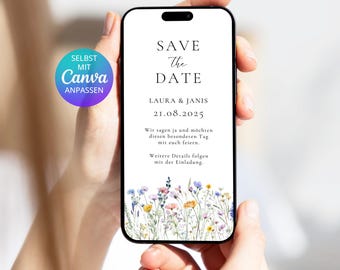 Digital Save the Date Card with Wildflowers | Save the Date Template Canva | Canva Floral Save the Date Wedding Card Template | Digital Flowers
