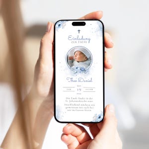 Invito digitale battesimo fiori bambino bambina | Ecard battesimo WhatsApp fiori blu foto personalizzata | Ecard battesimo fiori blu