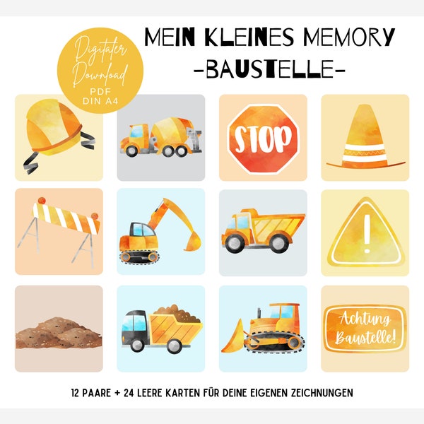 Memory Spiel Download | Memory Baustelle Bagger PDF | Download PDF | Kindergarten | Kita | Memory zum Ausdrucken