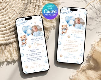 Digital Christening Invitation for a Boy | WhatsApp Christening Invitation for a Boy with Teddy Bear | Christening Invitation with Photo | Canva Template | Digital Christening Invitation