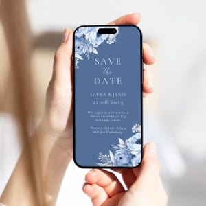 Invitation de mariage numérique roses aquarelle bleue | Réservez la date fleurs bleues | Modèle WhatsApp personnalisé Save the Date Whatsapp floral