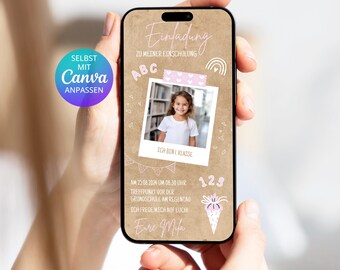 Digital invitation for a girl's first day of school | Invitation to start school | Canva template for a first day of school invitation, kraft paper, Polaroid school cone