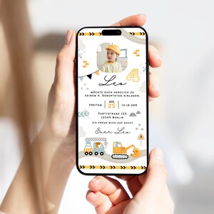 Uitnodiging kinderverjaardag digitaal graafmachine dinosaurussen foto / bouwplaats personaliseerbaar | E-Card WhatsApp Uitnodiging Jongen geanimeerd