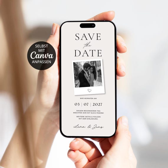 Digitale Save the Date Karte Foto Polaroid Rahmen | Save the Date digital Canva Vorlage Hochzeit Einladung creme beige klassisch modern