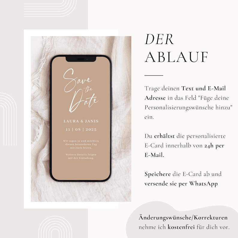 May include: A digital save-the-date card displayed on a smartphone screen. The card features the text "Save the Date" in elegant script, along with the names "LAURA & JANIS" and the date "11 | 08 | 2025". The background is a neutral beige.