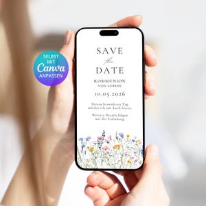 Convite digital "Reserve a Data" para Primeira Comunhão, design boho com flores silvestres | Convite digital para Primeira Comunhão, design com flores silvestres | Modelo de convite para Primeira Comunhão no Canva
