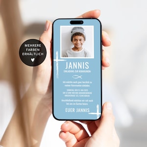 Invitation numérique Communion Boy Blue Fish Cross | Ecard communion ou confirmation WhatsApp personnalisée | Ecarte communion avec photo