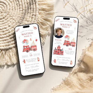 Digitale uitnodiging kinderverjaardag brandweerfoto/uitnodiging brandweer aanpasbaar | Brandweer e-card WhatsApp | Uitnodiging jongen