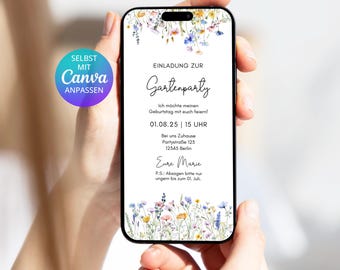 Personalized digital garden party invitation | Wildflower garden party birthday invitation for WhatsApp | Garden party invitation template from Canva