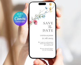 Digital Save the Date Card with Wildflower Branch | Save the Date Template Canva | Canva Template for Digital Wedding Save the Date Card with Flowers