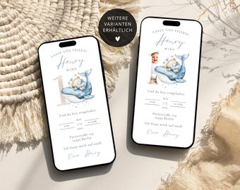 Digital invitation for a 1st birthday, teddy bear and whale, nautical e-card with and without photo, customizable number | E-card WhatsApp invitation for a boy