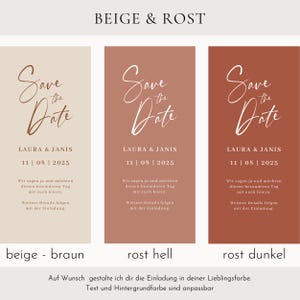 May include: Three Save the Date cards in beige, rust, and dark rust tones. Each card features the text "Save the Date," names, and a date. The cards are for a wedding announcement.