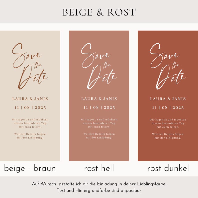 May include: Three Save the Date cards in beige, rust, and dark rust tones. Each card features the text "Save the Date," names, and a date. The cards are for a wedding announcement.