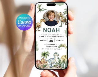 Animowane zaproszenie z dinozaurem ze zdjęciem, z możliwością personalizacji | Animowana e-kartka WhatsApp | Zaproszenie dla chłopców, szablon Canva, szablon z dinozaurem