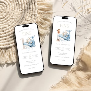 Invitation numérique 1er anniversaire ours en peluche et baleine maritime e-card avec et sans numéro de photo personnalisable | Invitation WhatsApp par carte électronique pour garçon