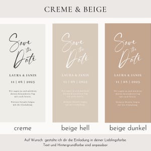 May include: Three Save the Date cards in cream, beige, and brown tones. Each card features the text "Save the Date" in elegant script, along with the names "LAURA & JANIS" and the date "11 | 08 | 2025". The cards are for a wedding.