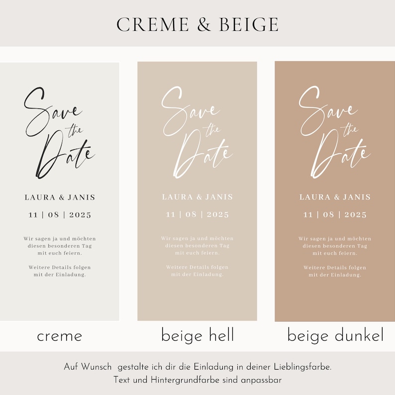 May include: Three Save the Date cards in cream, beige, and brown tones. Each card features the text "Save the Date" in elegant script, along with the names "LAURA & JANIS" and the date "11 | 08 | 2025". The cards are for a wedding.