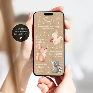 Invitación cumpleaños infantil animales del bosque digital personalizable | Tarjeta Electrónica WhatsApp Papel Kraft | Chica de invitación | zorro