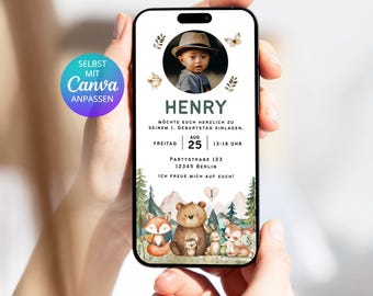 Cyfrowe zaproszenie 1 2 3... Urodziny Zwierzęta Leśne dla wszystkich grup wiekowych E-kartka Zwierzęta Leśne Zdjęcie Dostosowywalne | Szablon e-kartki WhatsApp Canva