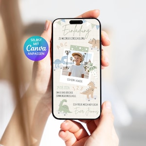 May include: A smartphone displays a digital invitation for a child's first day of school. The design features a photo, dinosaur illustrations, and text in German. The invitation includes the date, time, and location of the event.