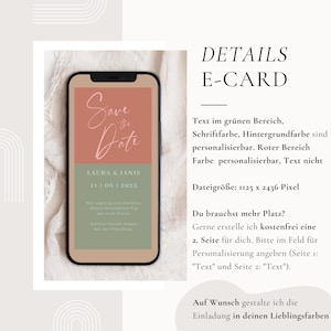 May include: A digital wedding invitation displayed on a smartphone. The design features a peach and olive green color scheme with the words "Save the Date" in elegant script. The date is displayed as 11 | 05 | 2025.