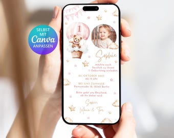 Digital Invitation for a 1st Birthday: Teddy Bear Hot Air Balloon with Photo | Invitation for Girls: Teddy Bear Hot Air Balloon, Pink | Canva Template, Any Age
