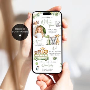 Uitnodiging kinderverjaardag digitale safari personaliseerbaar | E-Card Safari WhatsApp Foto Jongen Meisje Uitnodiging wild + drie | alle leeftijden