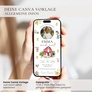 Cyfrowe zaproszenie na farmę ze zdjęciem | Cyfrowe zaproszenie urodzinowe | Szablon Canva | Edytowalne zaproszenie na przyjęcie na farmie dla dzieci zdjęcie 6