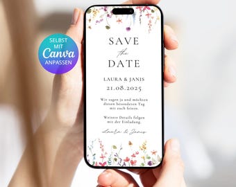 Tarjeta digital para guardar la fecha con flores silvestres | Plantilla para guardar la fecha de Canva | Plantilla floral para guardar la fecha de boda de Canva | Flores digitales