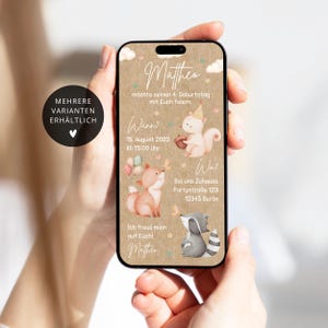 Einladung Kindergeburtstag digital Waldtiere personalisierbar | E-Card WhatsApp Kraftpapier | Einladung Junge Mädchen | Fuchs