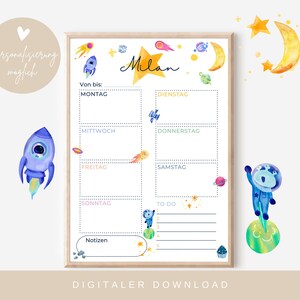 May include: A printable weekly planner with a space theme. The planner features a rocket, stars, planets, and a moon. The text "Milan" is at the top of the planner. The planner is customizable.