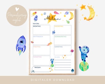 Wochenplan für Kinder personalisierbar | Digitaler Download | PDF Datei | DIN A4 | Rakete | Weltraum | Aquarell | Junge | zum Ausdrucken