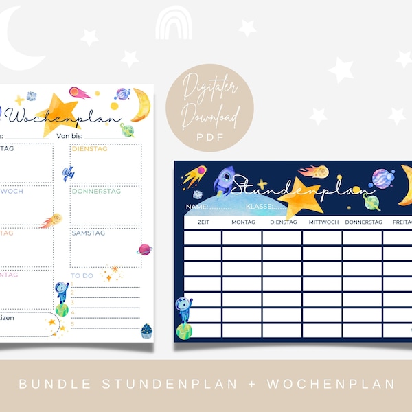 Bundle Stundenplan und Wochenplan | Sofortdownload PDF Datei | DIN A4 | Rakete | Weltraum | Schule | Einschulung | Junge | zum Ausdrucken