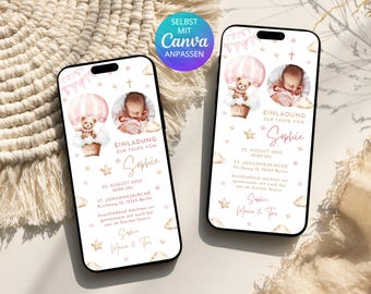 Digital invitation to a girl's christening | WhatsApp invitation to a girl's christening with a teddy bear | Christening invitation with photo | Canva template for a digital christening invitation