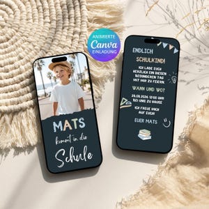 May include: Two smartphones displaying a child's photo and invitation text. One phone shows "MATS kommt in die Schule" and a photo of a boy. The other phone has text in German, including "ENDLICH SCHULKIND!" and event details.