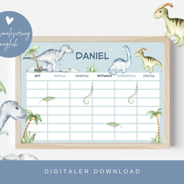 Stundenplan Dinosaurier | Stundenplan PDF | Digitaler Download Stundenplan personalisiert | DIN A4 | Einschulung Stundenplan zum Ausdrucken