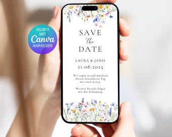 Digitale Save the Date Karte Wildblumen | Save the Date template Canva |  Canva Vorlage floral Save the Date Karte Hochzeit digital Blumen