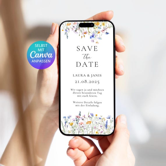 Digitale Save the Date Karte Wildblumen | Save the Date template Canva |  Canva Vorlage floral Save the Date Karte Hochzeit digital Blumen