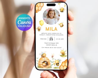 Animowane zaproszenie z motywem pszczół ze zdjęciem | E-kartka na WhatsApp | Zaproszenie dla dziewczynek i chłopców, impreza pszczela, cyfrowe zaproszenie urodzinowe | Szablon Canva