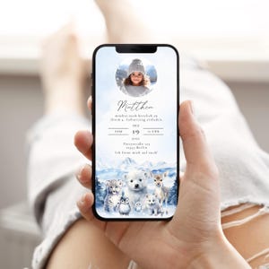 Einladung Kindergeburtstag digital Winter Polartiere personalisierbar | E-Card Schnee WhatsApp mit oder ohne Foto | E-Card Winter WhatsApp