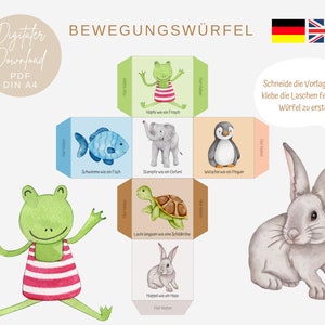 Bewegungsspiel | Bewegungswürfel | Spiel für Kinder aquarell Tiere | Download PDF | in Deutsch und Englisch